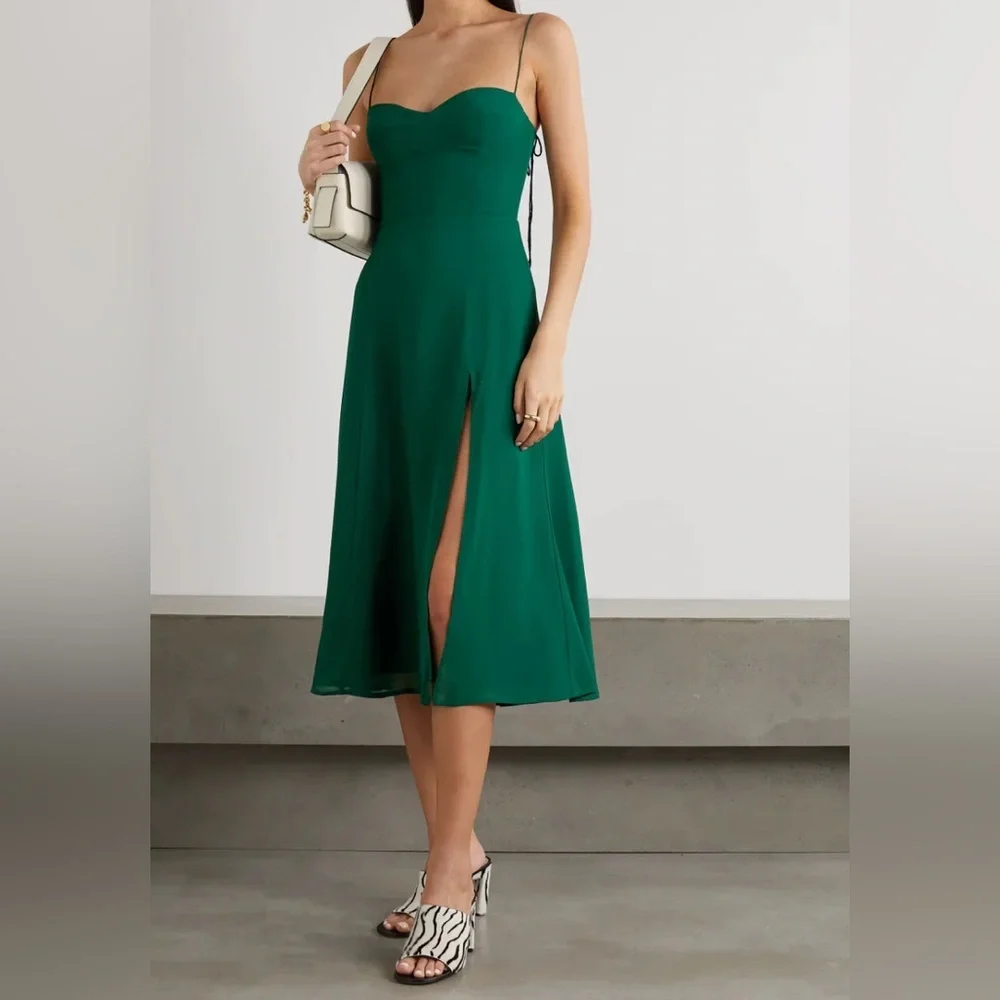 NEW Reformation Juliette Dress in Emerald Dark Green Side Slit | size 6 - Picture 2 of 11